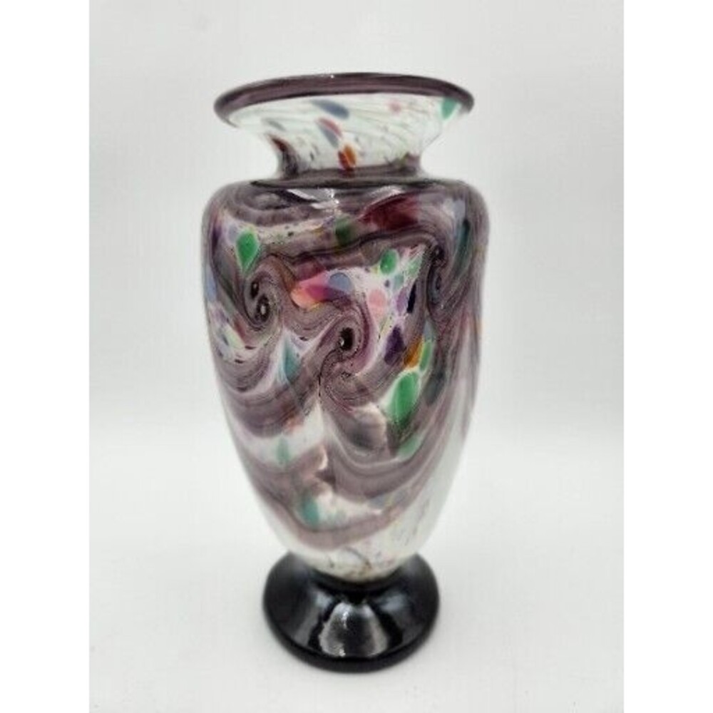Hand Blown‎ Art Glass Vase Swirl Design Purple Green & White 8"